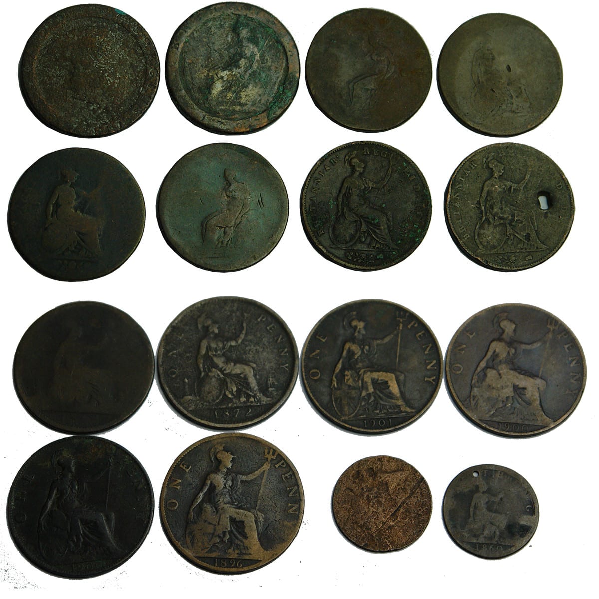 16 British Copper Coins. 2 x 1797 Cartwheel Penny; 4 x Georgian Penny; 1854 Victorian Penny; 1855 Victorian Penny. (United Kingdom)