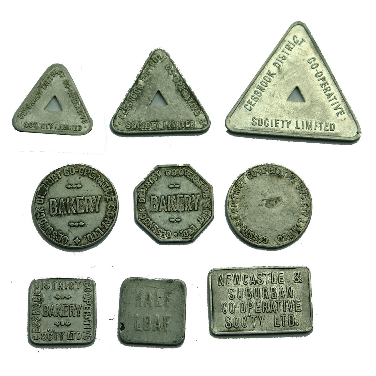 9 Bread & Milk Tokens. Aluminium. Cessnock District Co-operative and 1 x Newcastle & Suburban. (New South Wales)