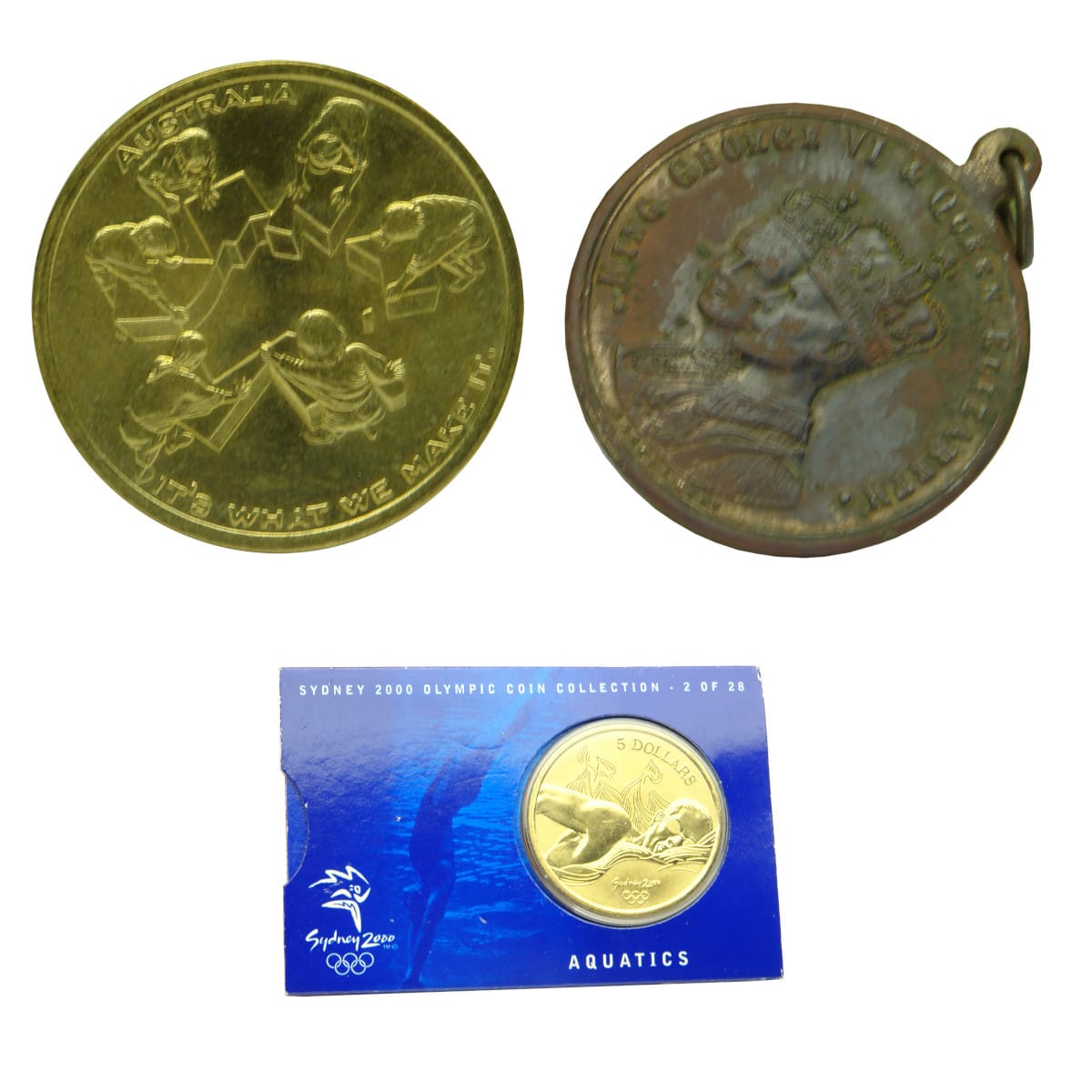 3 Items: 2 x Medallions & $5 coin. One Hundred Years Federatiion; King George VI Coronation; Sydney Olympics Aquatics Coin.