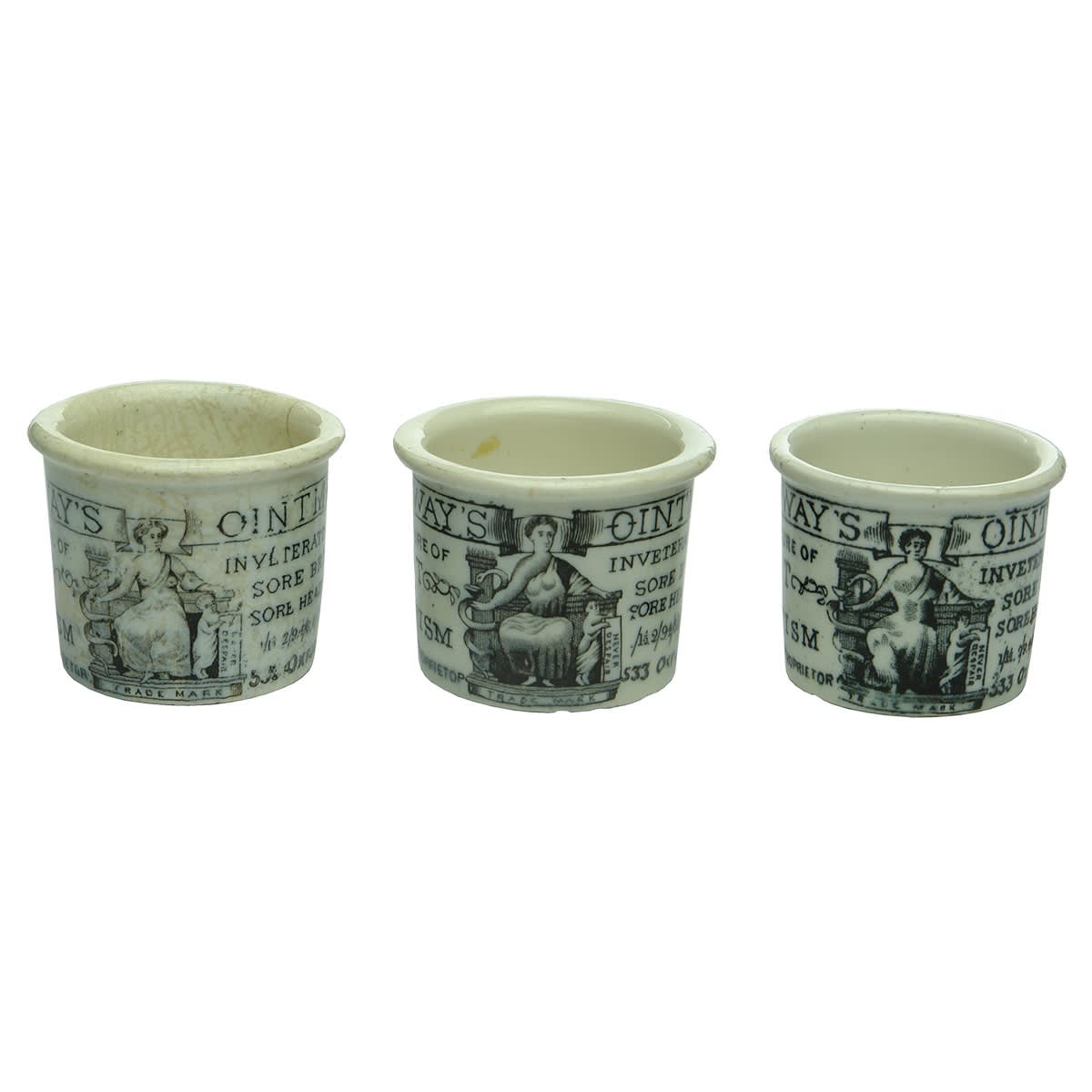 3 Holloways Ointment Pots. All 533 Oxford St. London variations including the sought after "Boobs Out" variety.