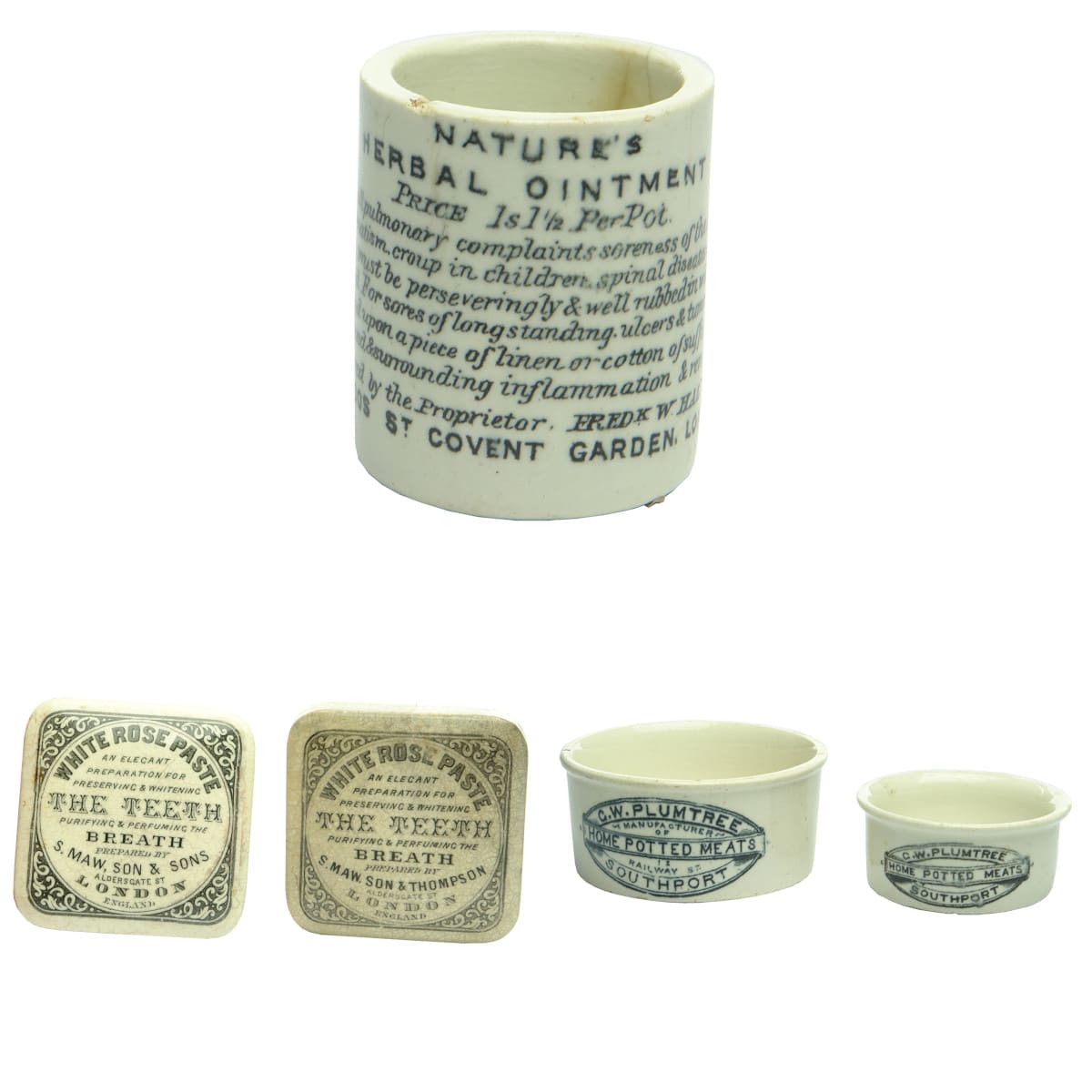 5 Pot Lids & Pots: 1. Nature's Herbal Ointment, Fredk W. Hale, London. 2. S. Maw, Son & Sons, White Rose Paste. 3. S. Maw, Son & Thompson, London, White Rose Paste. 4. & 5. 2 sizes C. W. Plumtree Home Potted Meats Southport.