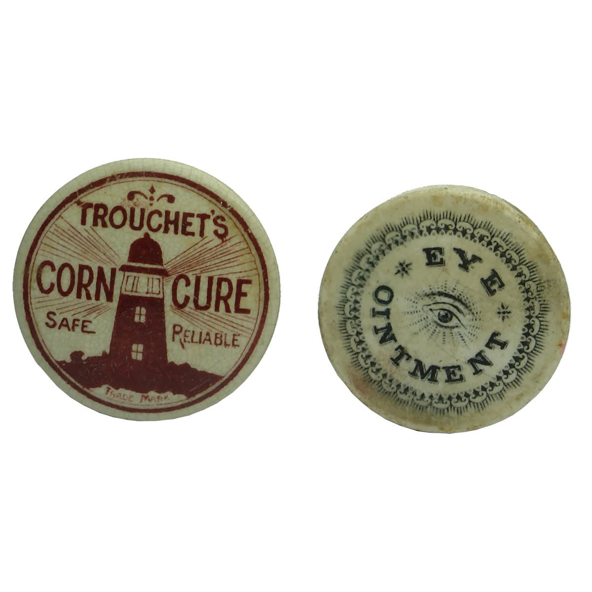 Pair of Small Pot Lids. 1. Trouchet's Corn Cure. Red Print. 2. Eye Ointment. Black Print.