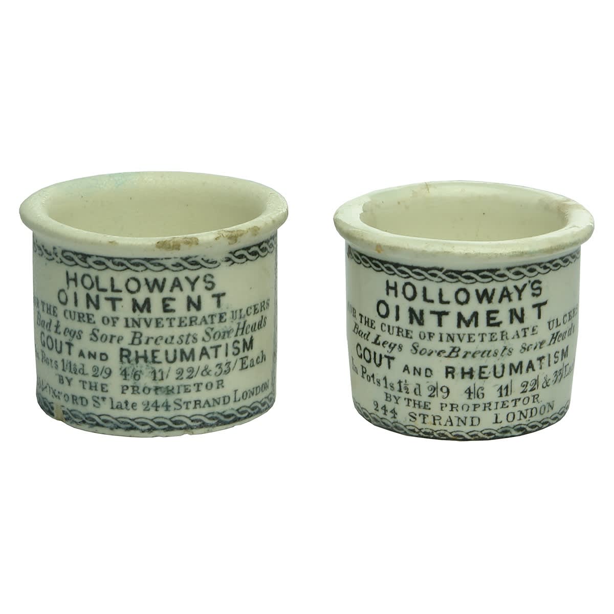 2 Non Pictorial Holloways Ointment Pots. 533 Oxford St, and 244 Strand, London.