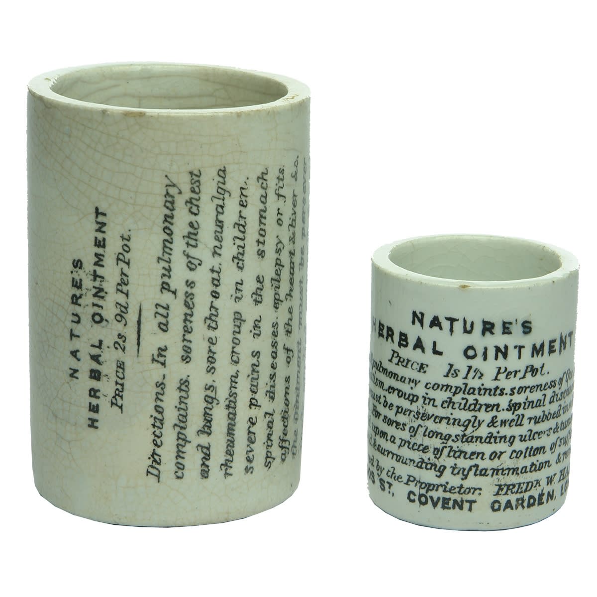 2 Ointment Pots: Large and small Nature's Herbal Ointment. Fredk W. Hale, 61 Chandos St., Covent Garden, London.