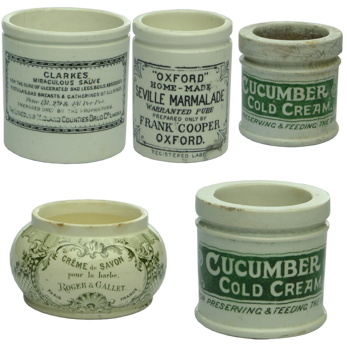 5 small ceramic pots: Clarke's Miraculous Salve; Frank Cooper Oxford Home-made Marmalade; Roger & Gallet Creme de Savon; 2 x Cucumber Cold Cream.