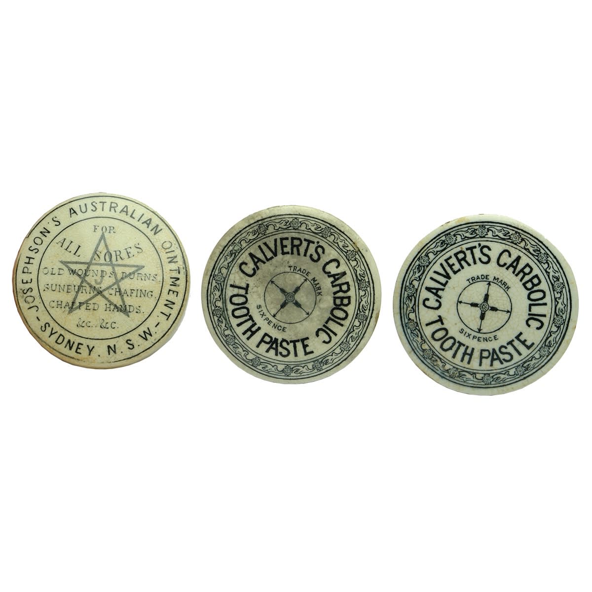 Pot Lids. 1. Josephson's Australian Ointment, Sydney. Small with grey star. 2. Calvert's Carbolic Tooth Paste, Six Pence. 3. Calvert's Carbolic Tooth Paste, Six Pence.