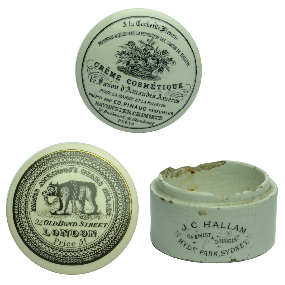 3 Items. Pinaud Creme Cosmetique Pot Lid; Reproduction James Atkinson's Bears Grease Pot Lid; J. C. Hallam, Sydney pot base.