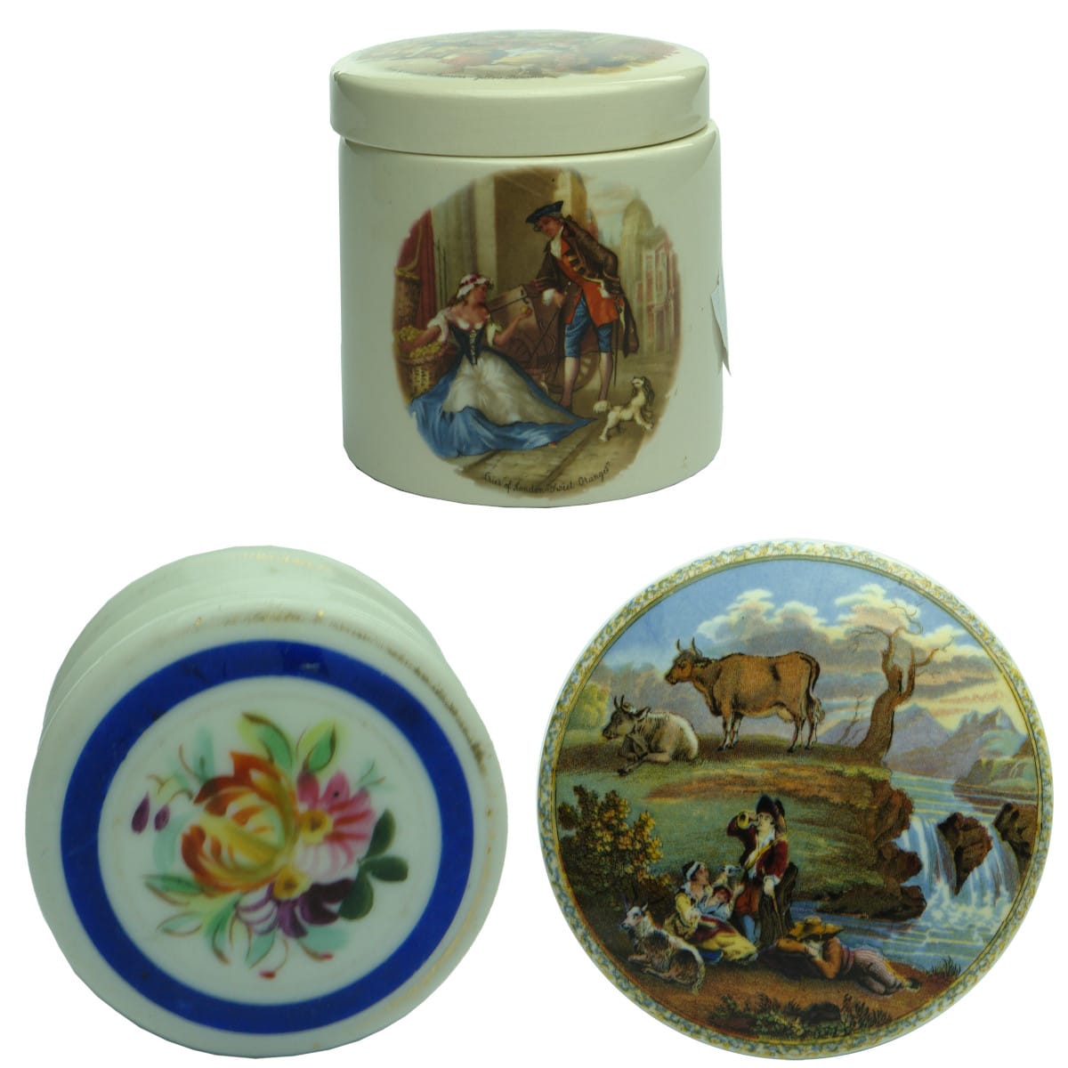 3 Items: Jar Frank Cooper Ltd Marmalade; Small Floral Lid; Coalport reproduction pratt lid The Waterfall.