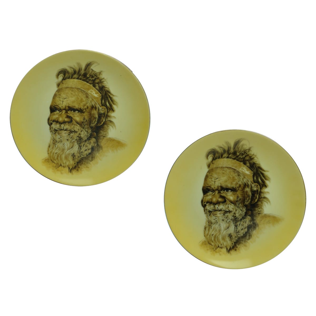 2 Display Plates. Both the same with an image of an older Aboriginal man with headband. No makers marks.