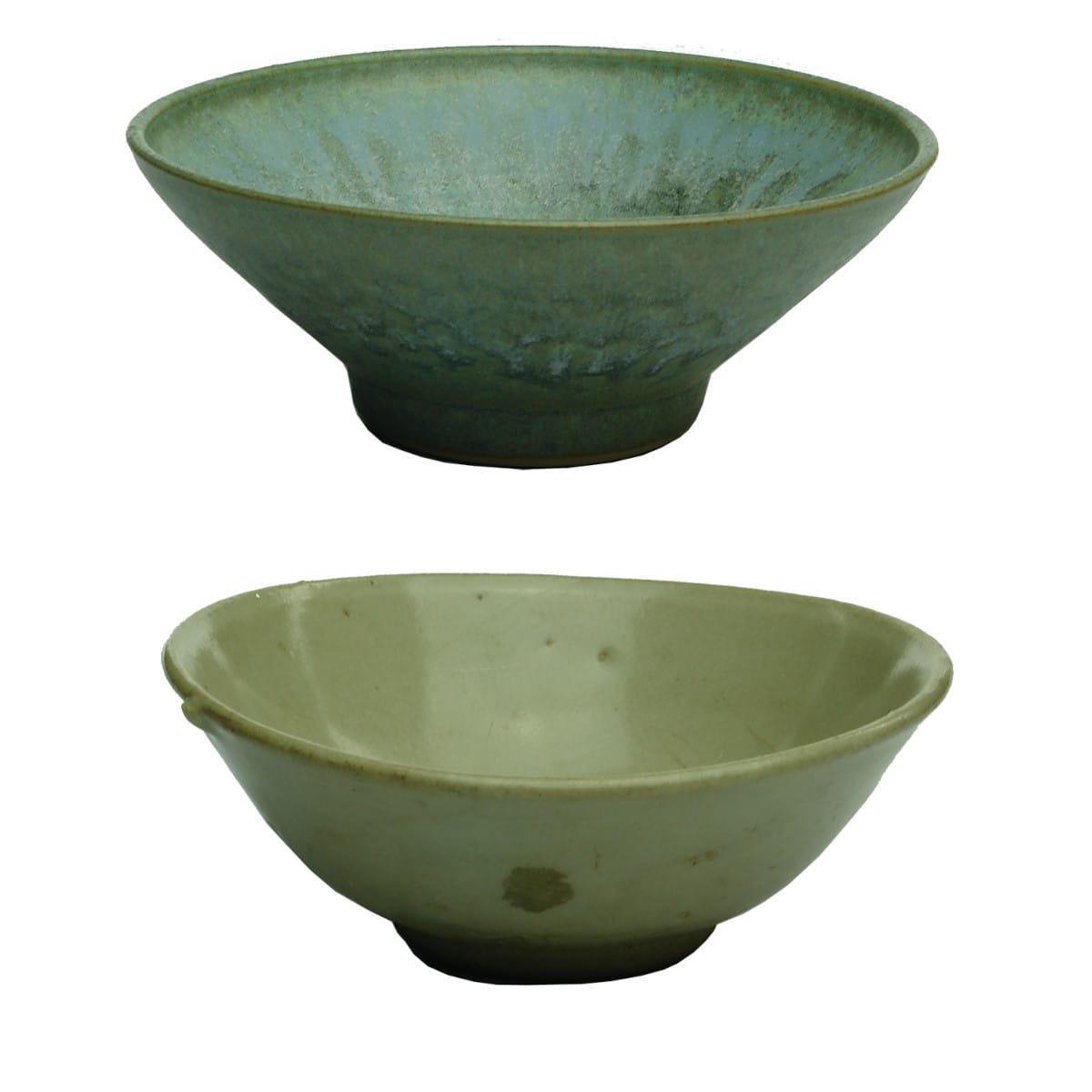 2 Bowls: Greenish Blue, marking engraved in base; Bowl. Early grey porcelain.