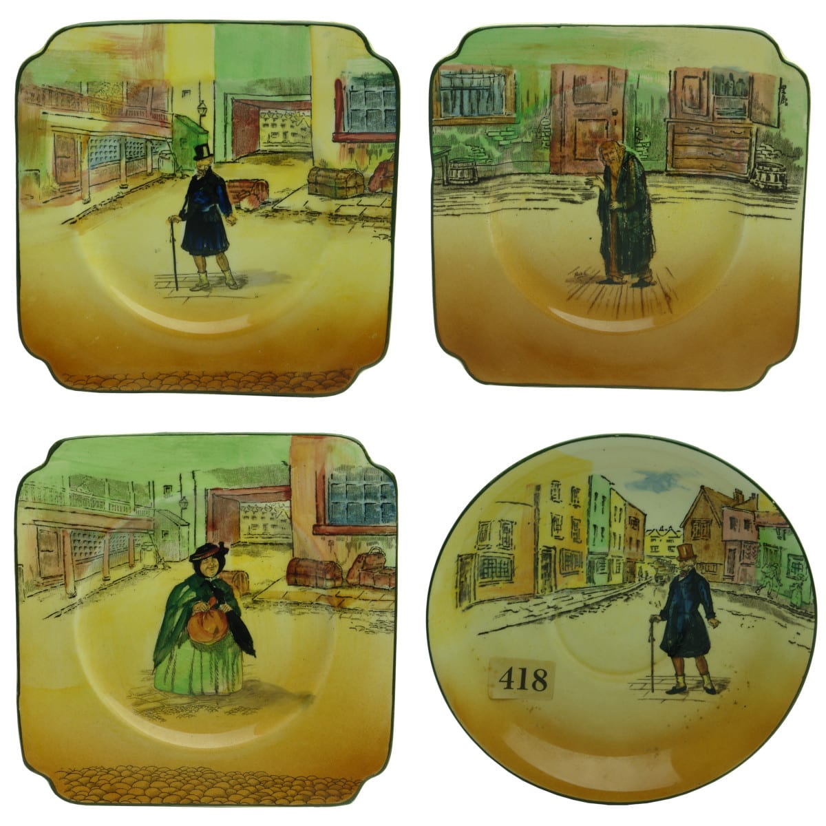 3 Pieces of Royal Doulton Dickens ware. 3 x square plates. 1 x saucer. Mr Micawber x 2; Fagin; Sairey Gamp.