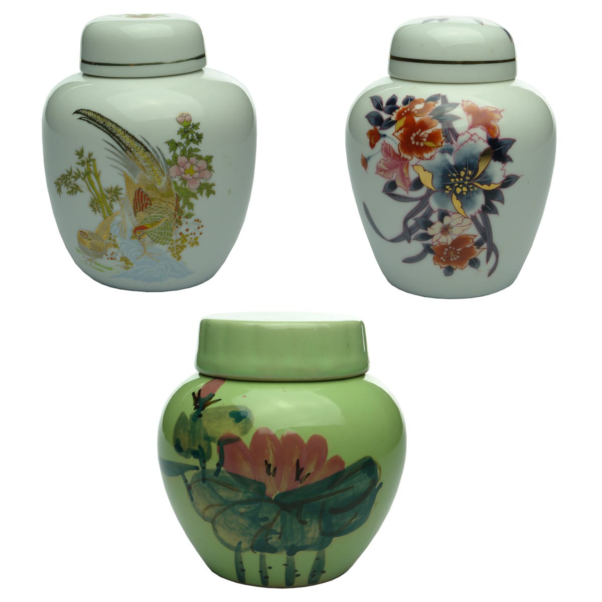 3 Ginger Jars. 2 White and 1 Green. Floral & Bird decoration. Made in Japan on one.