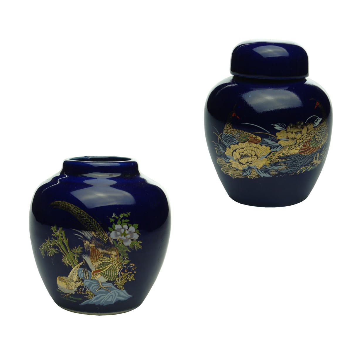 2 Blue Ginger Jars. Floral & Bird Patterns. One with a lid.