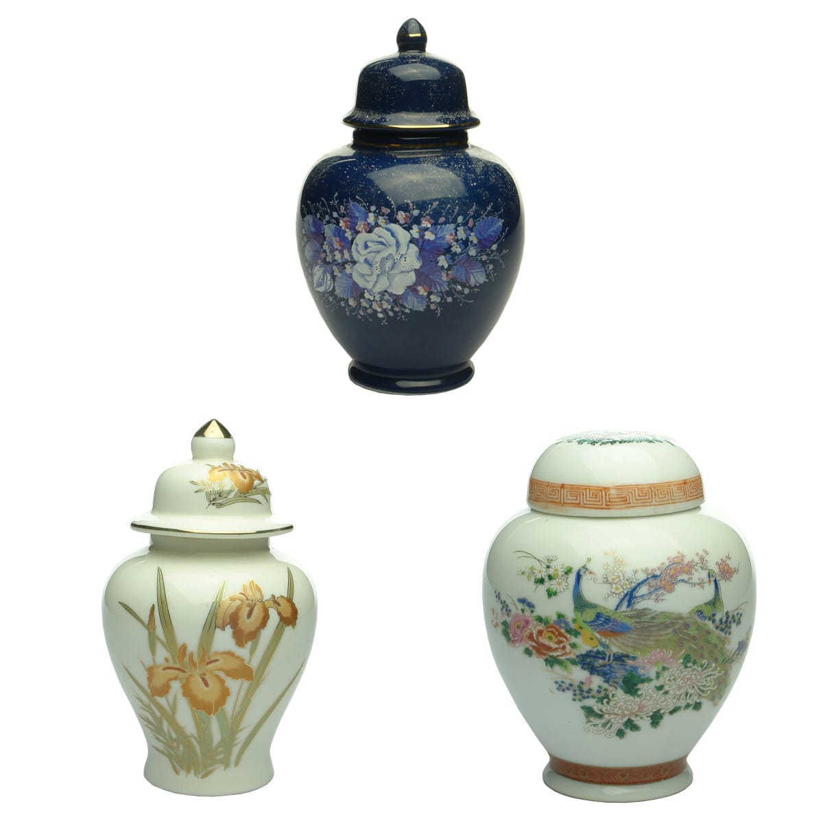 3 Pedestal or Urn like lidded jars. 2 Made in Japan. Floral and Bird decoration.