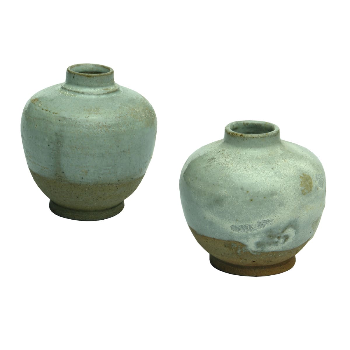 Pair of Small round ceramic jars. Grey glazed upper half on both.