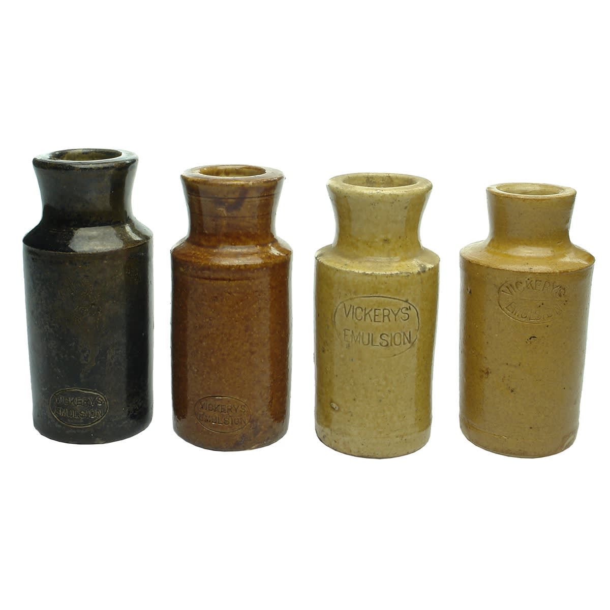 Pottery. Four different small Vickery's Emulsion Jars. (Ballarat, Victoria)