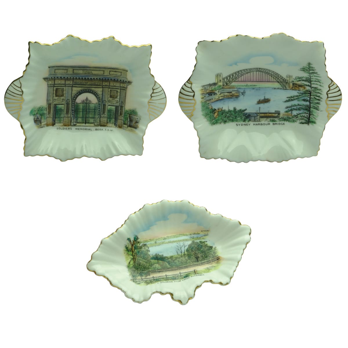 3 Souvenir Dishes. Soldiers Memorial Bega; Sydney Harbour Bridge; Lakes Entrance. (New South Wales & Victoria)