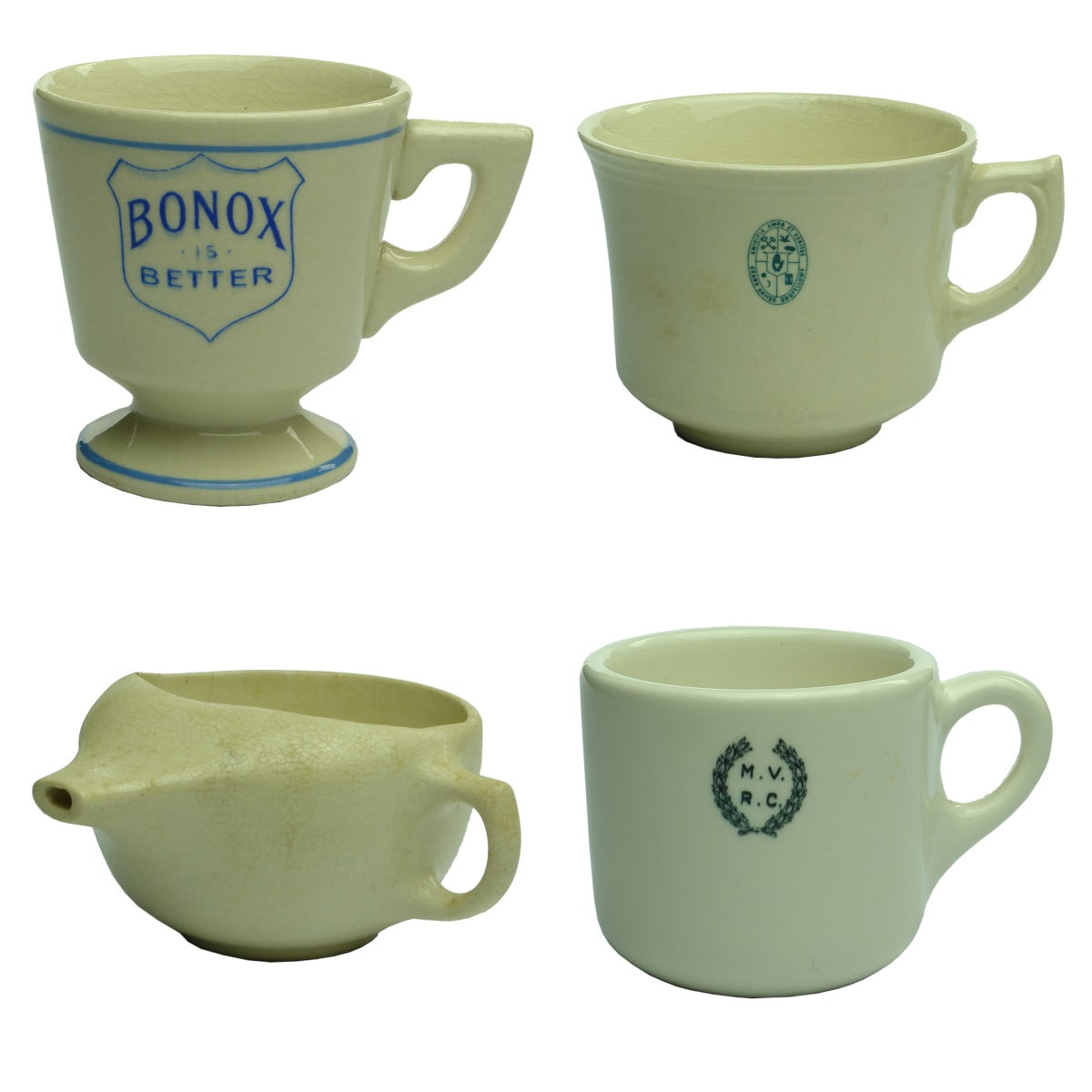 4 Pottery Items: Bonox is Better cup; Coat of Arms cup; Pap Feeder (first 3 all Made by Bakewell's Sydney); MVRC Cup.