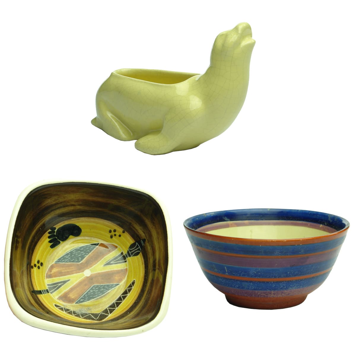 3 Pottery pieces: Rose Noble Seal shaped vase; Little Sydney Pottery Bowl; Clarice Cliff Bizarre bowl.