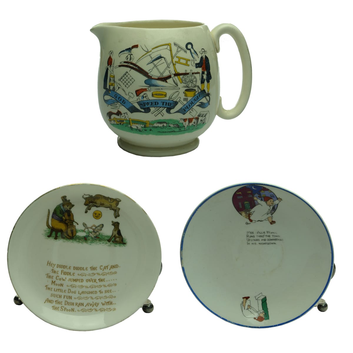 3 Pottery Items: Nursery Rhymes and Allegory printed.