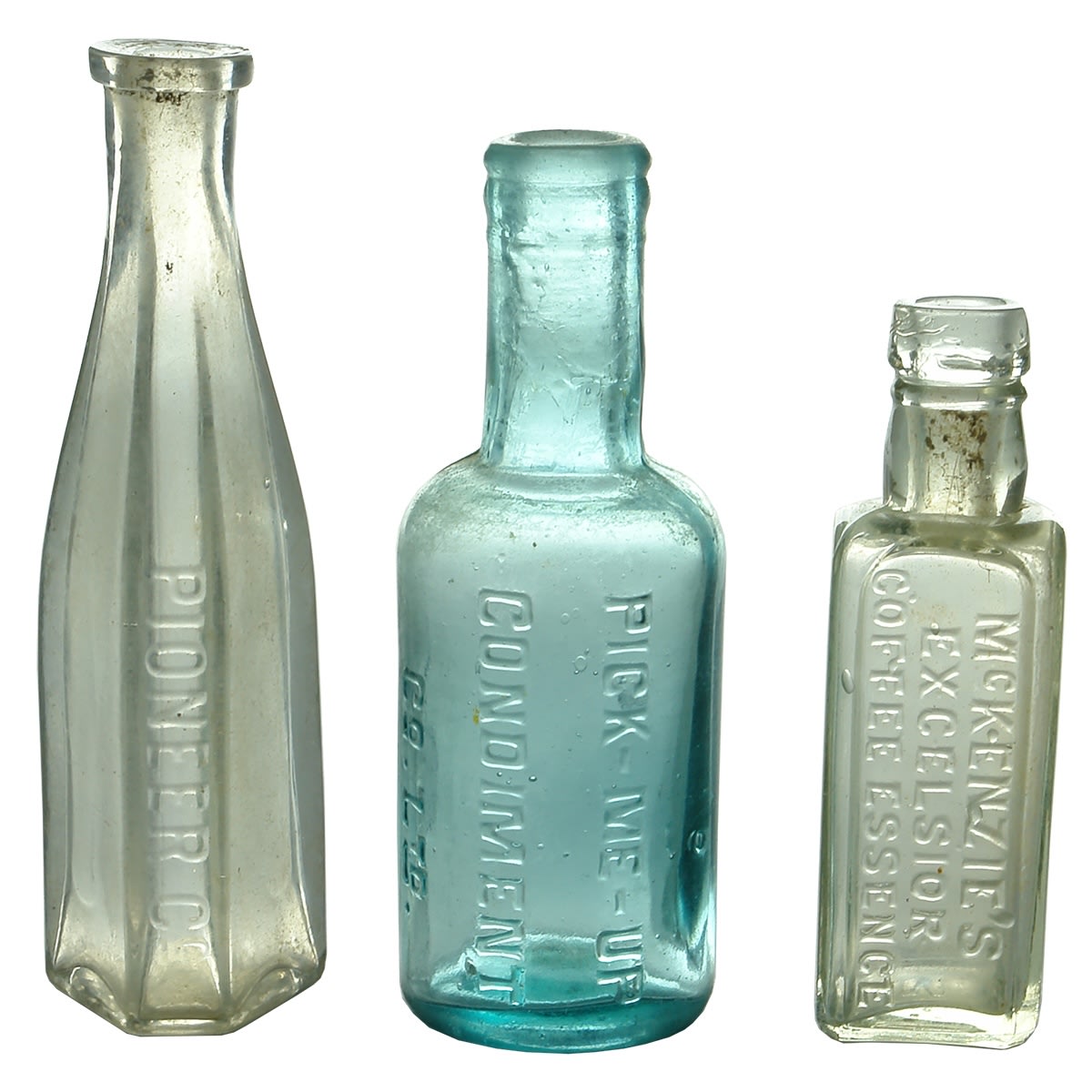 3 Sample Bottles: Pioneer Co; Pick-Me-Up Condiment Co; McKenzie's Excelsior Coffee Essence.