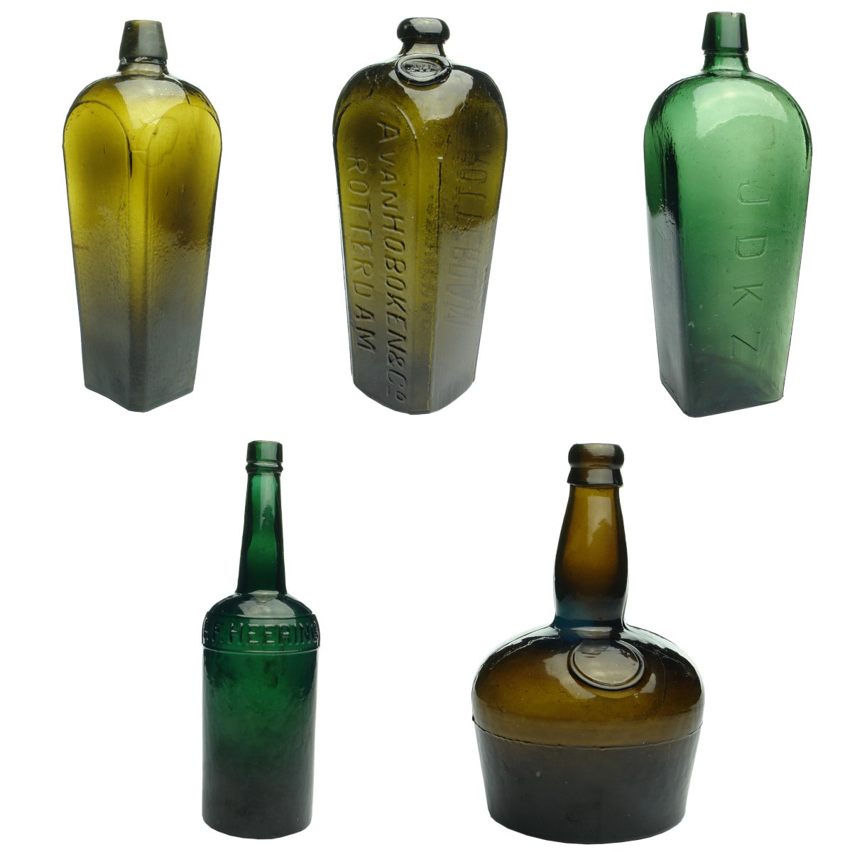 5 Spirits bottles. 1. Large case gin. 2. Large Green P. F. Heering Cherry Liqueur. 3. Large Sealed Avan Hoboken, Rotterdam Gin. 4. Large J D K Z Gin. 5. Black Mallet shaped.