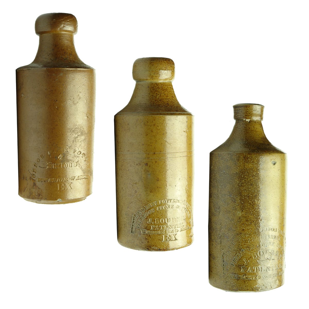 3 Early Stoneware Bottles. All with EX stamps and with J. Bourne or Burton's pottery stamps.