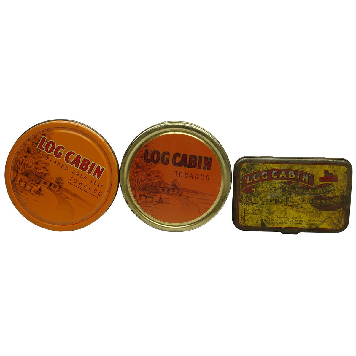 3 Different Log Cabin Tobacco Tins.