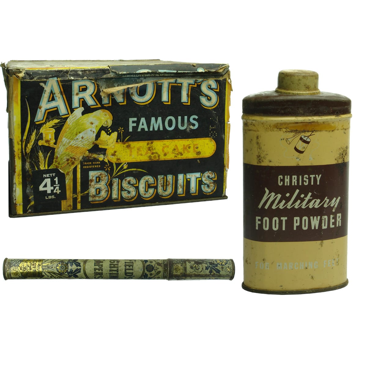 3 Tins: Arnott's Famous Biscuits for Tea Cake; Christy Military Foot Powder; Field's Lighting Tapers.