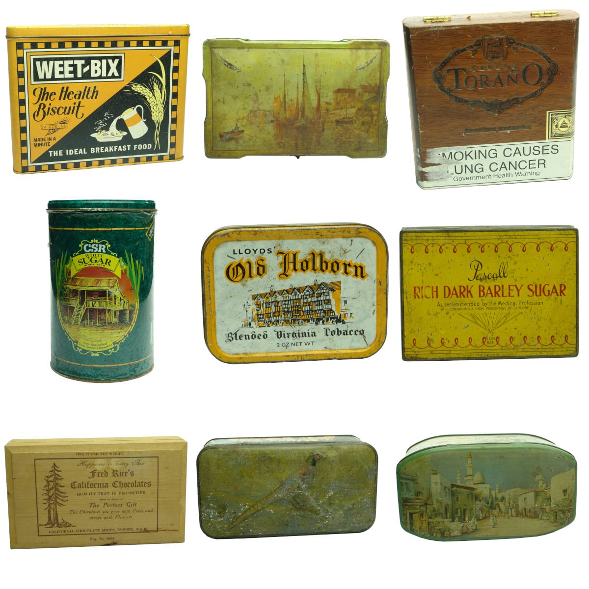 9 Tins & wooden boxes: Weetbix; Nestle; Cigar case; CSR Sugar etc.