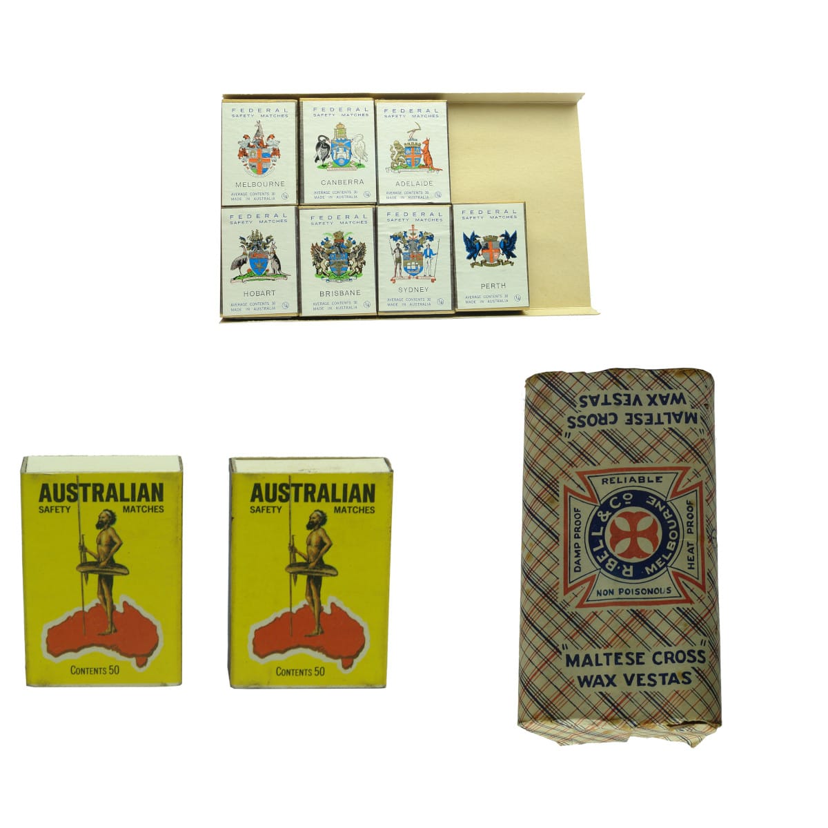 Tobacciana. Matchboxes. 7 x Federal Safety Matches, Australian Capitals Coat of Arms; 2 x Australian Safety Matches, Strathpine; Packet of 6 R. Bell & Co Melbourne Wax Vestas. (Not for post, all have contents).