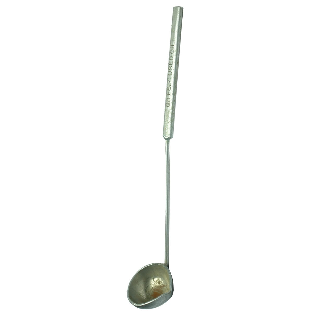 Metal scoop branded: QR FS12 Used Oil. Ladle with pouring side.