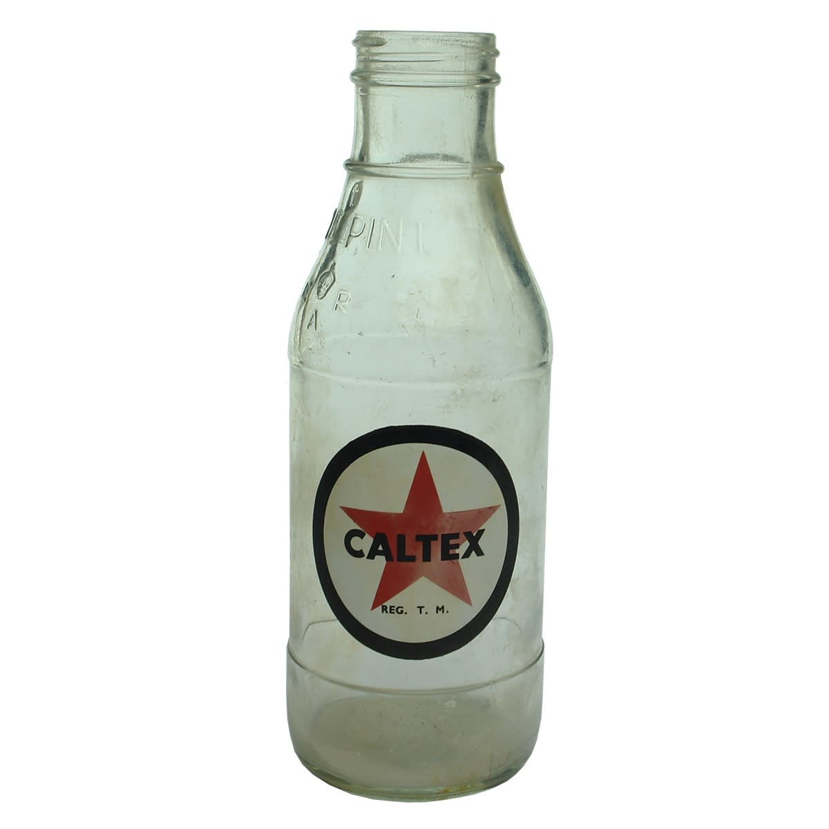 Garagenalia. Caltex 1 Pint Oil Bottle with Red, Black and White Ceramic Label.