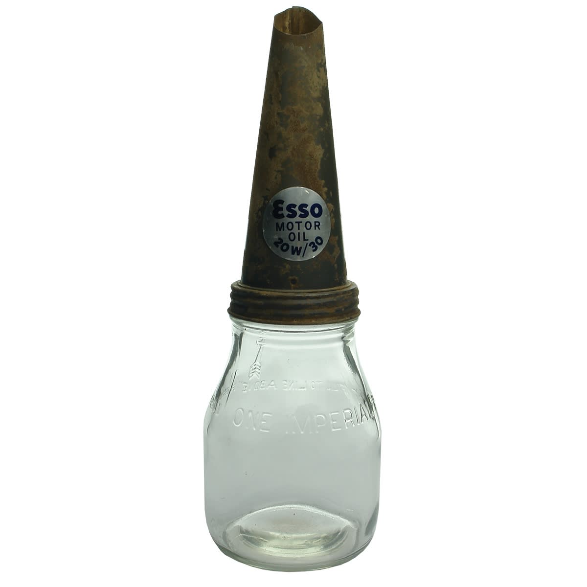 Oil Bottle. Generic Imperial Pint. Tin pourer with Esso Motor Oil Sticker.