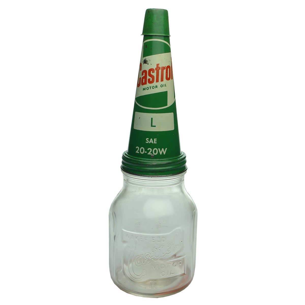 Oil Bottle. Wakefield Castrol Motor Oil. Tin Top Castrol L SAE 20-20W.