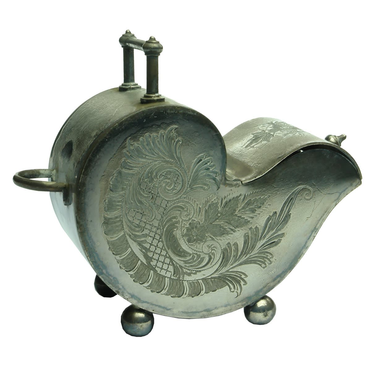 Plated Metal Tea Caddy. Shape of a Coal Scuttle. With its original scoop. James Dixon & Sons. Bugle mark.