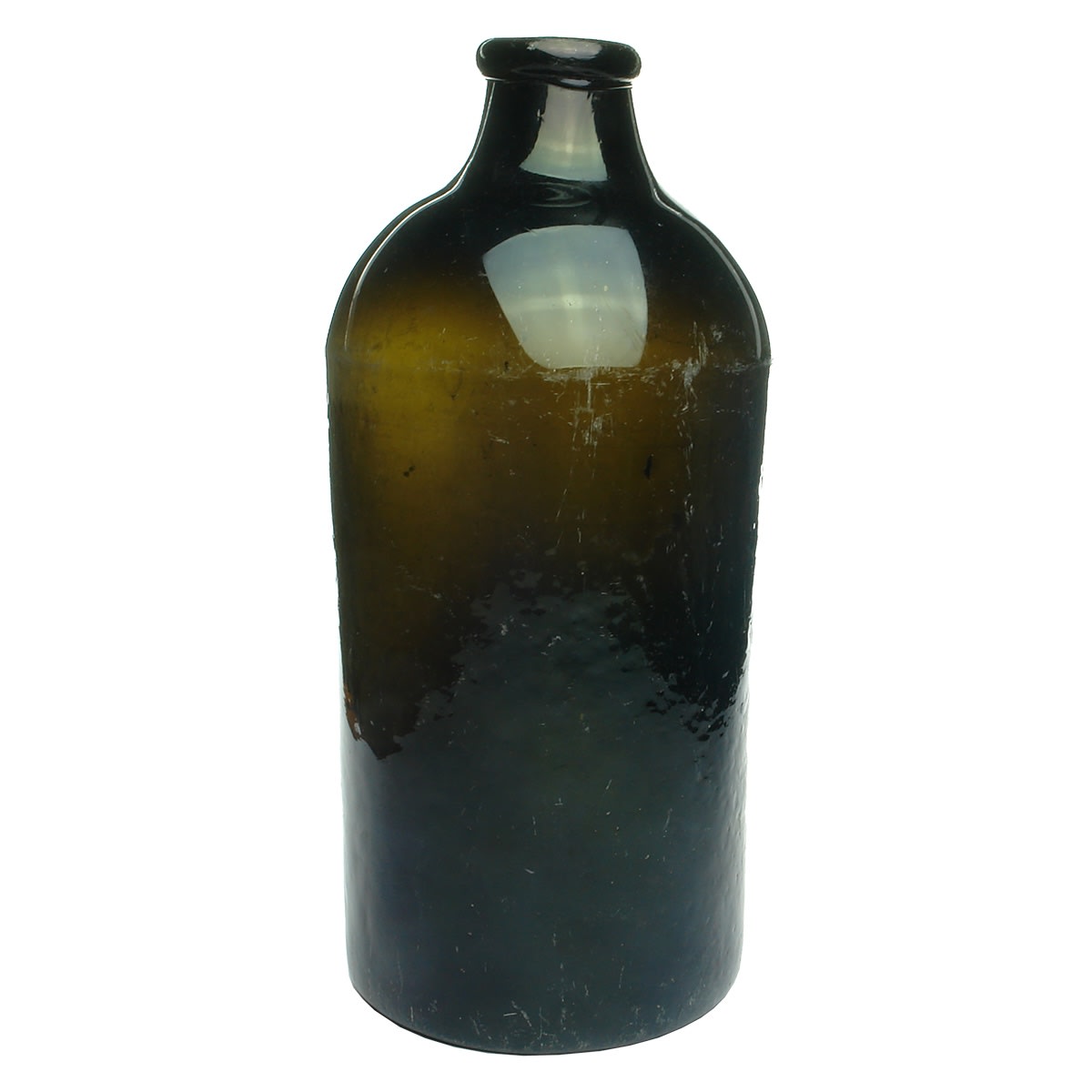 Very large Black Glass Apothecary type bottle. Wide pontil scar to base.