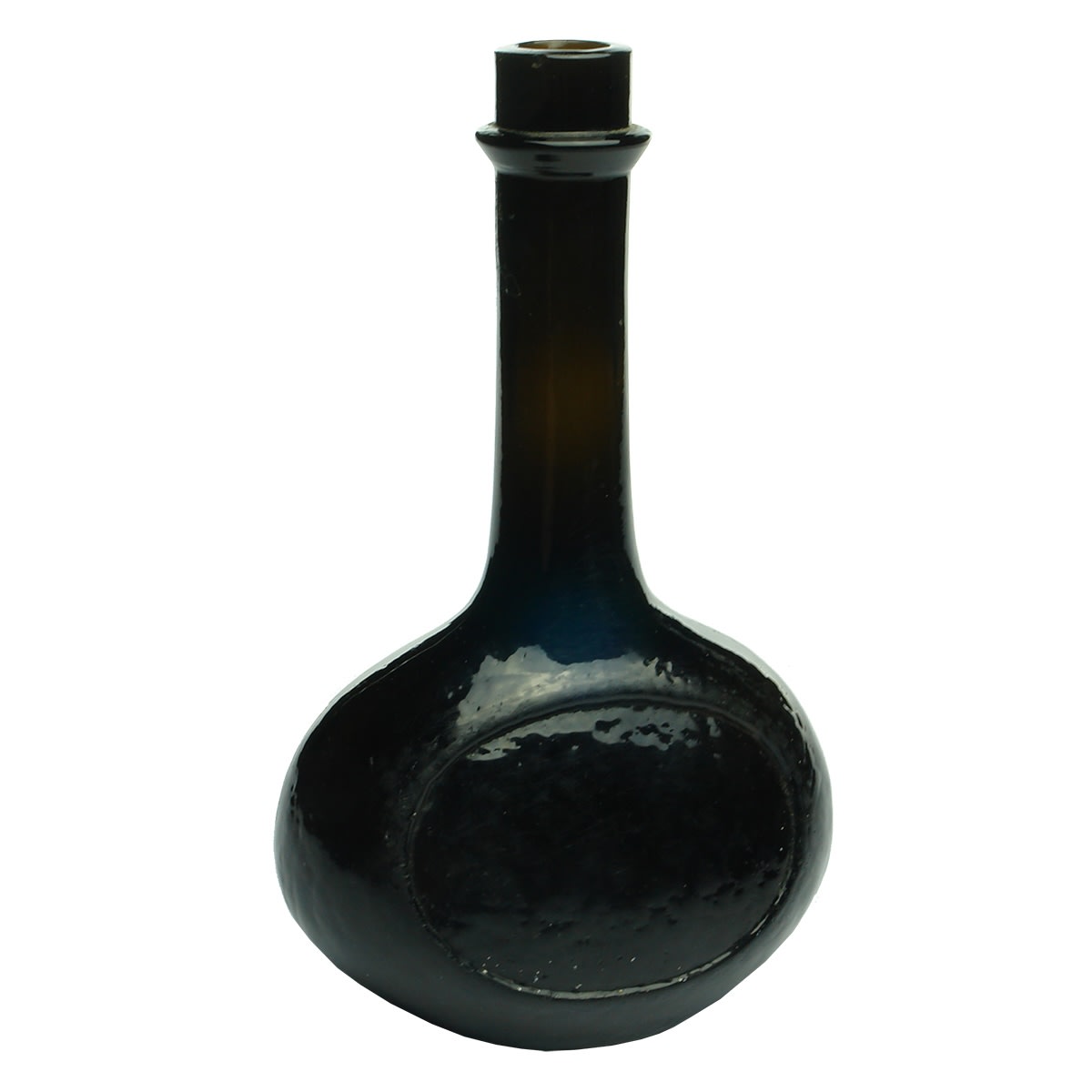 Black Glass. Liqueur. Chestnut shape with long neck. Indented oval panels to each side. Indented base.