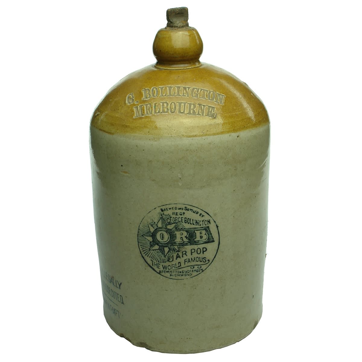 Demijohn. G. Bollington, Melbourne. ORB. Internal Thread. Tan Top. 1 Gallon. (Victoria)