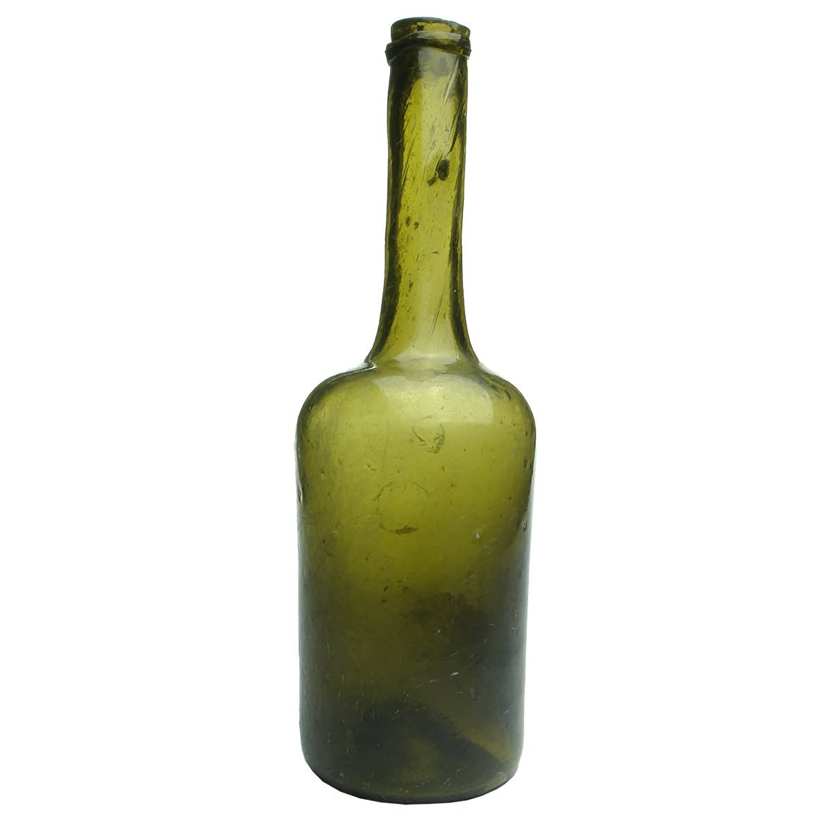 Wine. Dutch Flowerpot type black glass bottle (Olive green). Very long stretched neck. Large pontil scar.