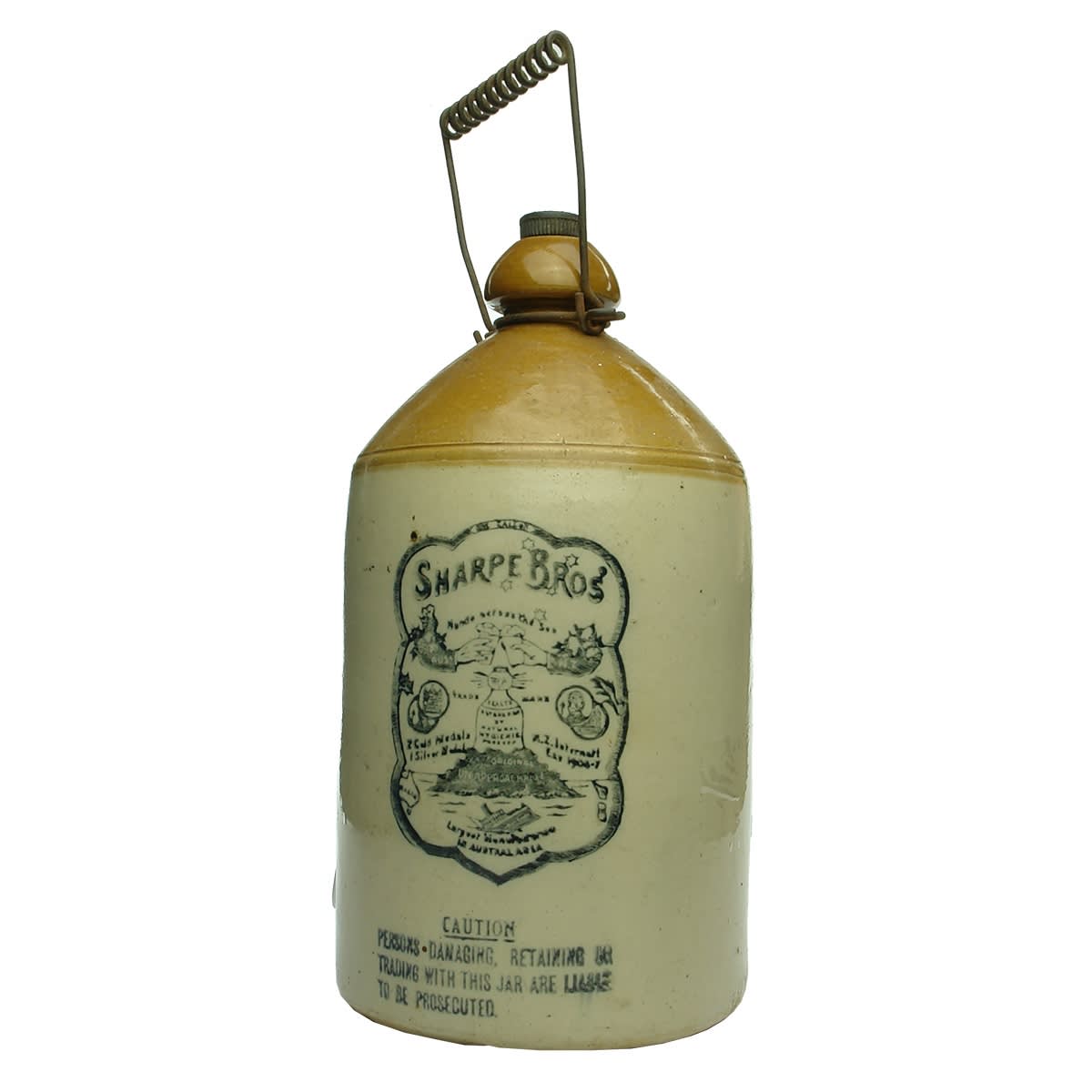 Demijohn. Sharpe Bros, Hands Across The Sea, Cartoon Style. Internal Thread. Tan Top. 1 Gallon.