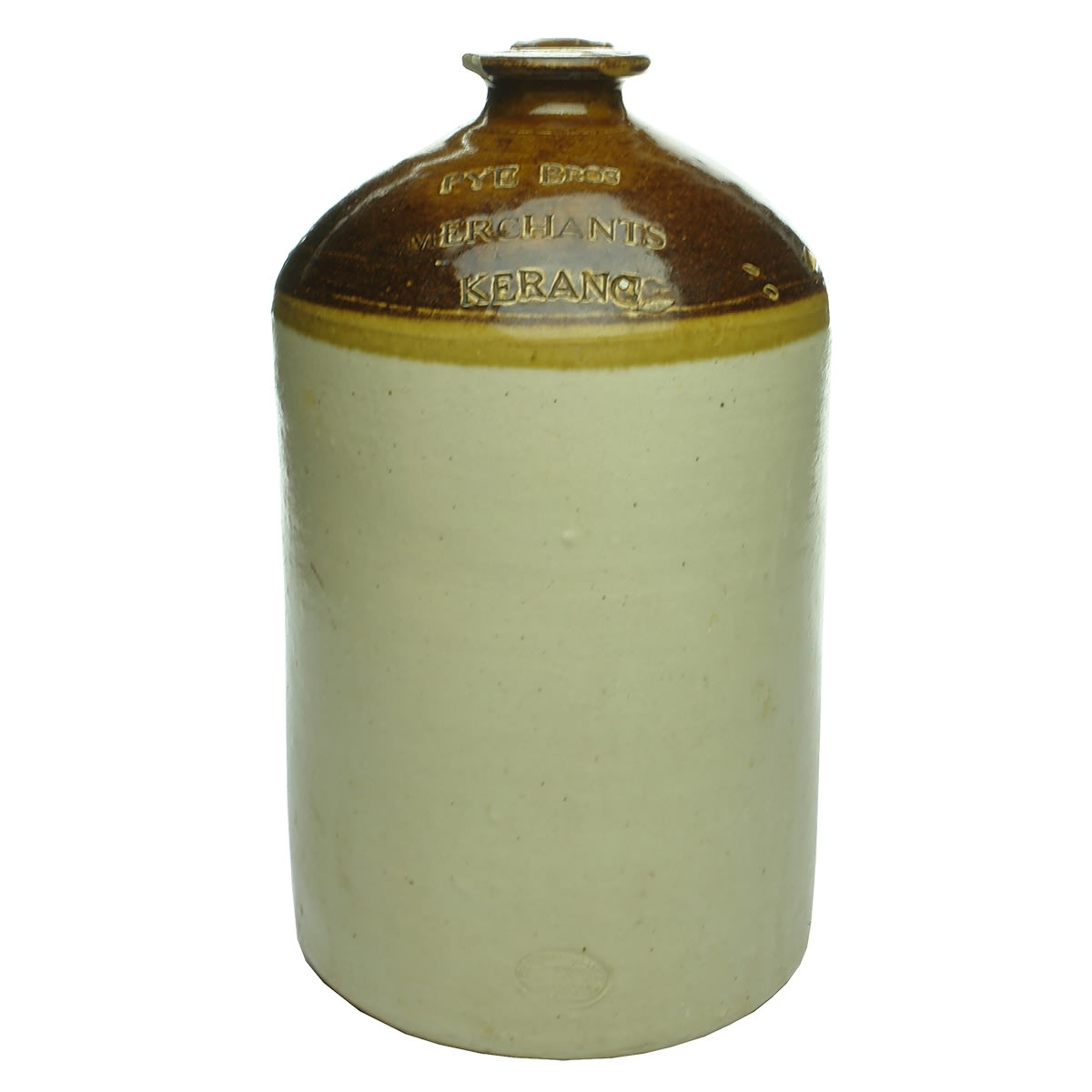 Demijohn. Pye Bros, Merchants, Kerang. Bendigo Pottery. 1 Gallon. (Victoria)