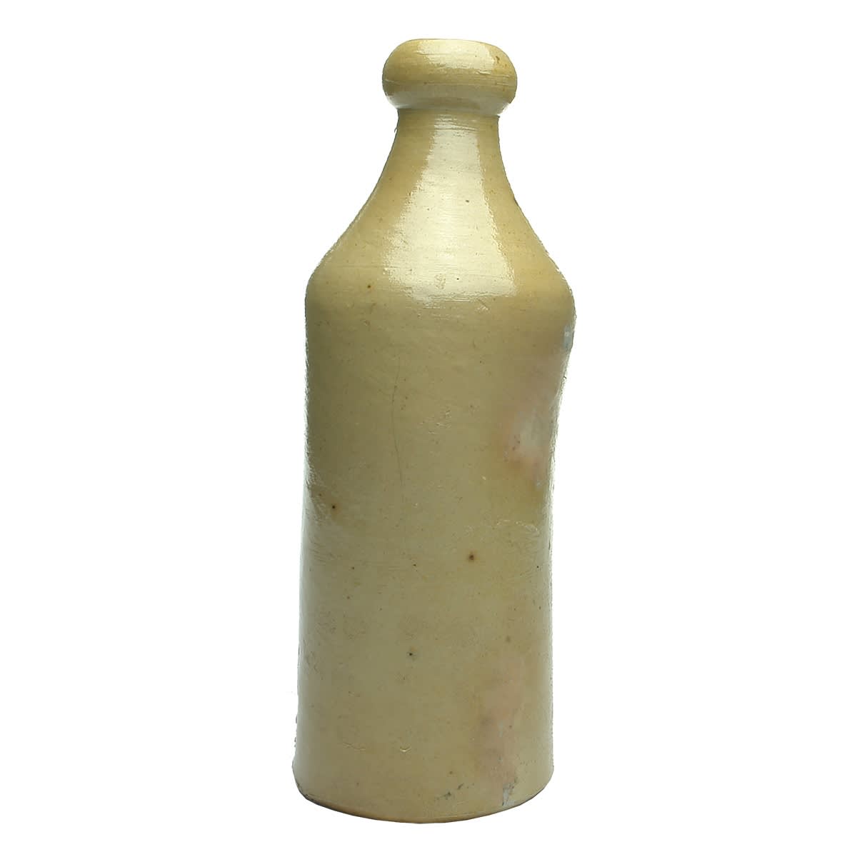 Early large stoneware Ginger Beer. Pressed in at the sides. Kiln Kisses. No markings.