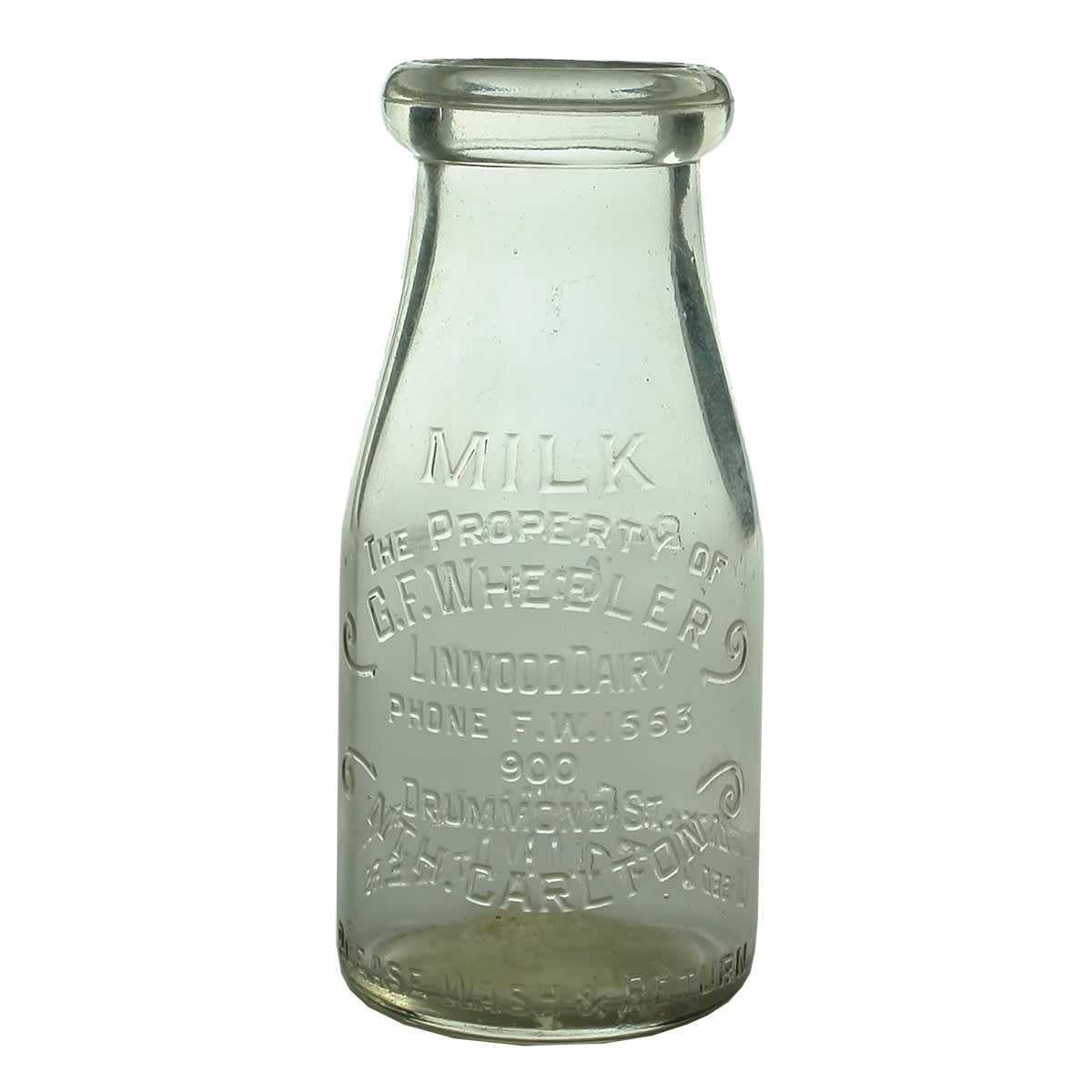 Milk. G. F. Wheeler, Linwood Dairy, Nth. Carlton. Base: 294. Wad Lip. 10 oz. (Victoria)