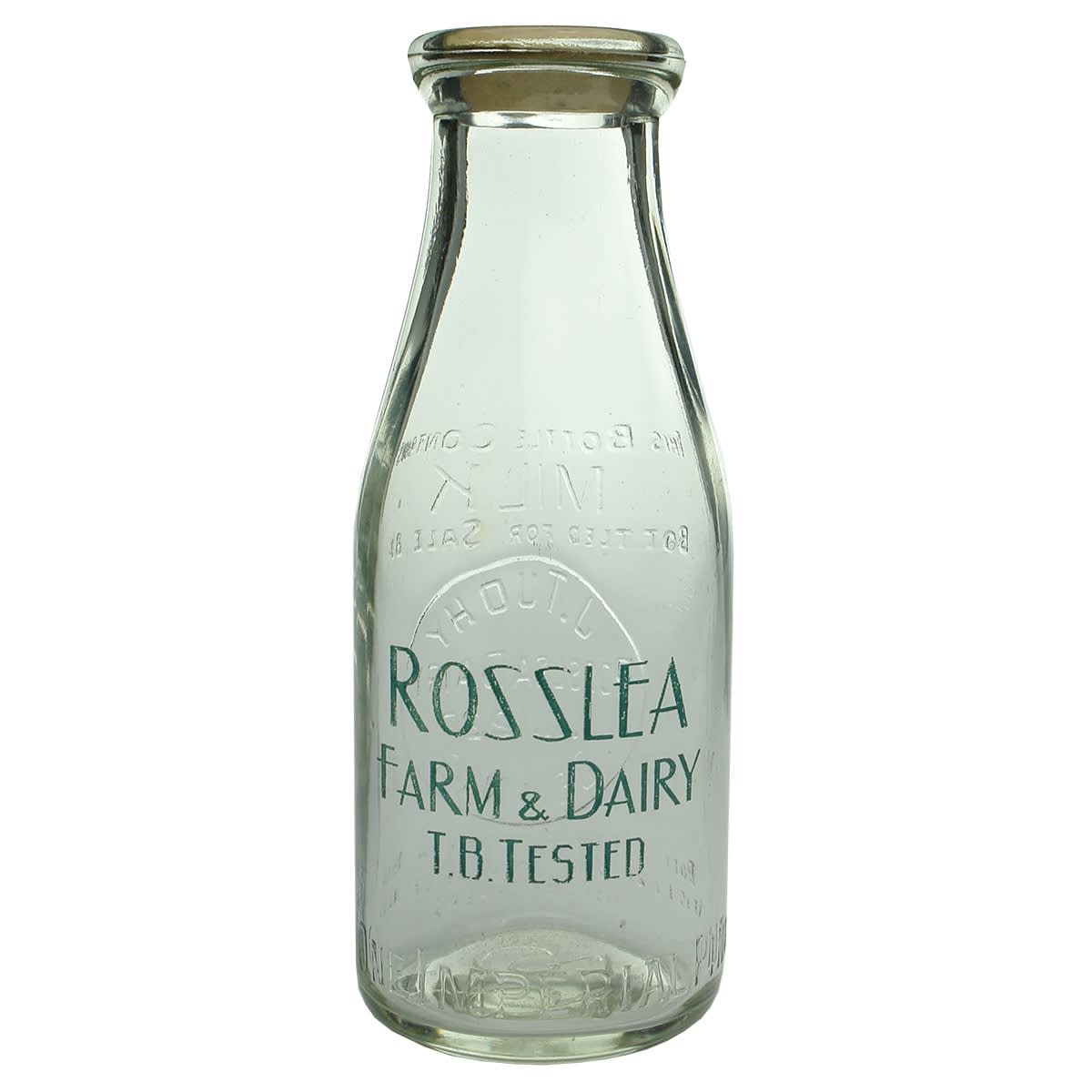 Milk. J. Tuohy, Rosslea Dairy, Dennis. Rosslea Farm & Dairy green ceramic label. Pint. (Victoria)