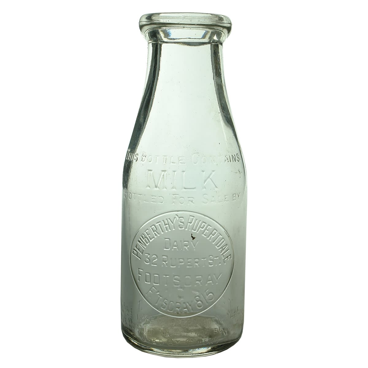 Milk. Penberthy's Rupertdale Dairy, Footscray. Base: 359. Wad Lip. 1 Pint. (Victoria)