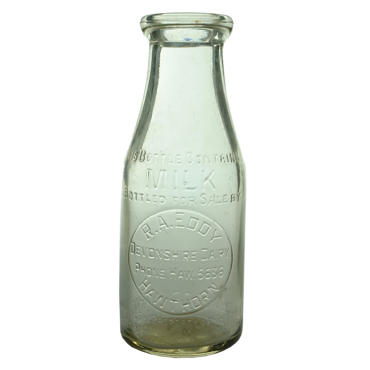 Milk. R. A. Eddy, Devonshire Dairy, Hawthorn. Base: 428. Wad Lip. 1 Pint. (Victoria)