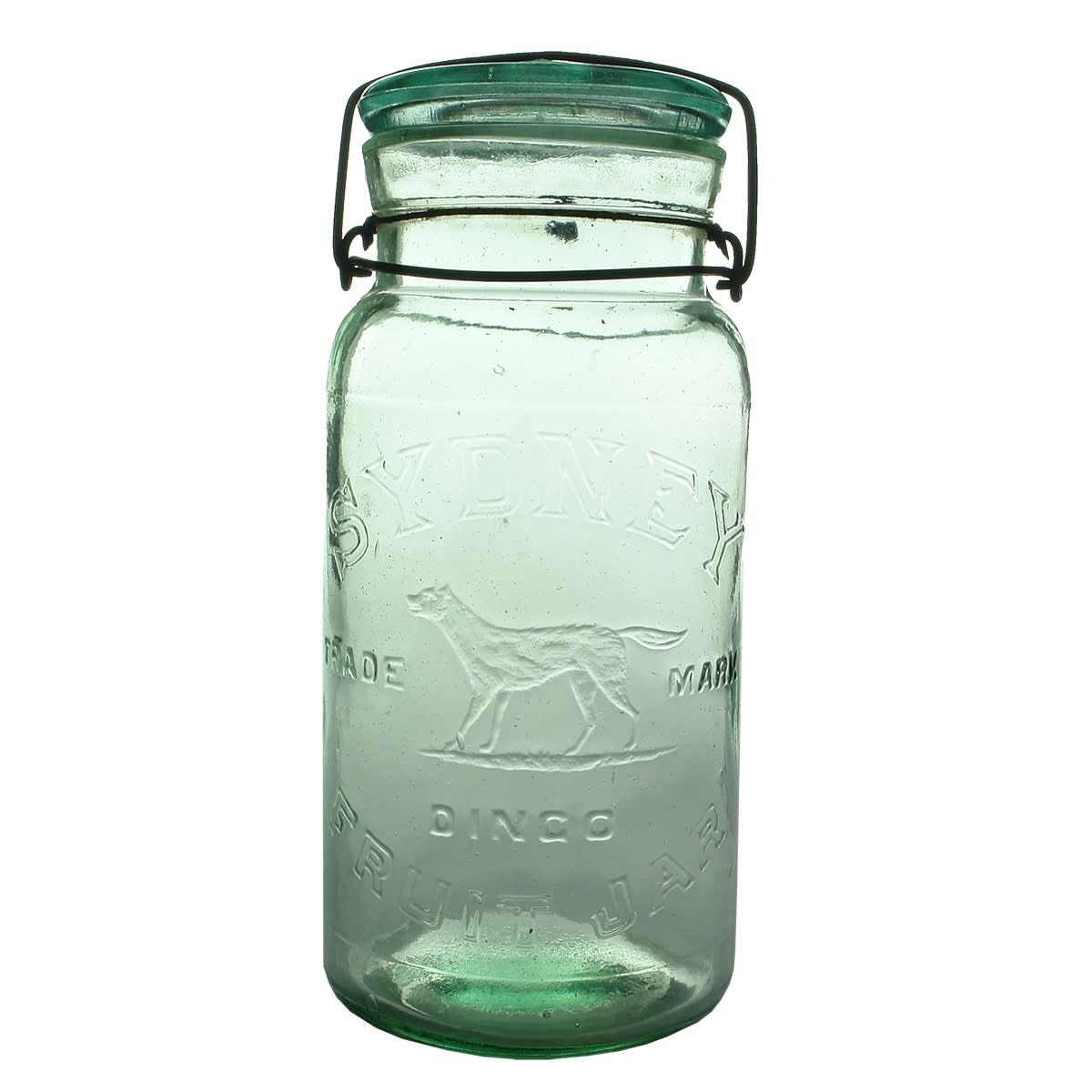 Fruit Jar. Sydney, Dingo Fruit Jar. Tail out version. Aqua. Half Gallon (New South Wales)