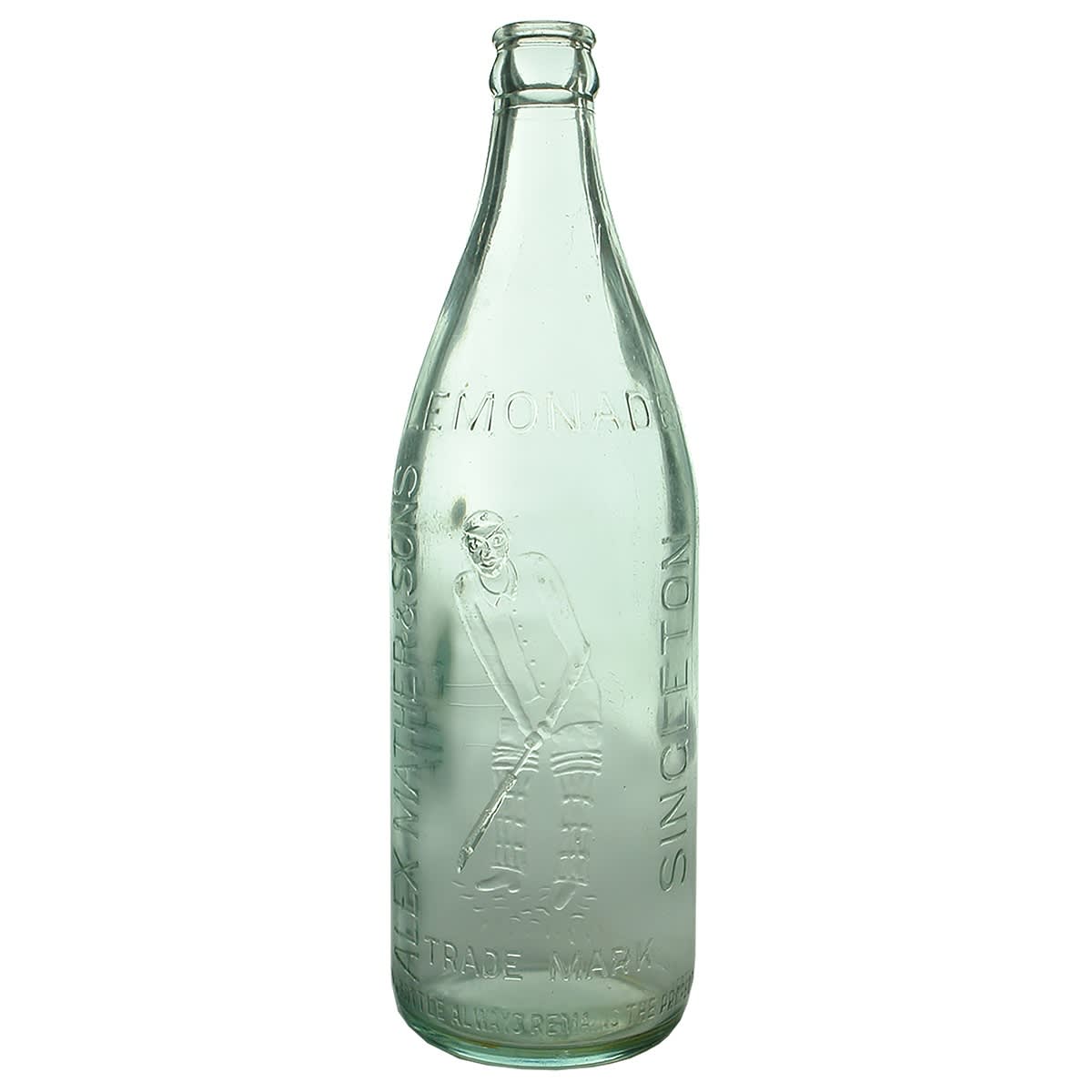 Crown Seal. Alex Mather & Sons, Singleton. Lemonade. Cricketer. Batsman. Aqua. 24 oz. (New South Wales)