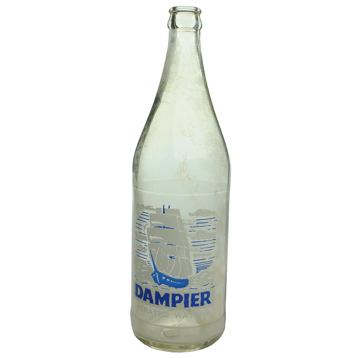 Crown Seal. Dampier Aerated Waters, Sailing Ship. Blue and White Ceramic Label. Clear. 26 oz. (Broome, Western Australia)